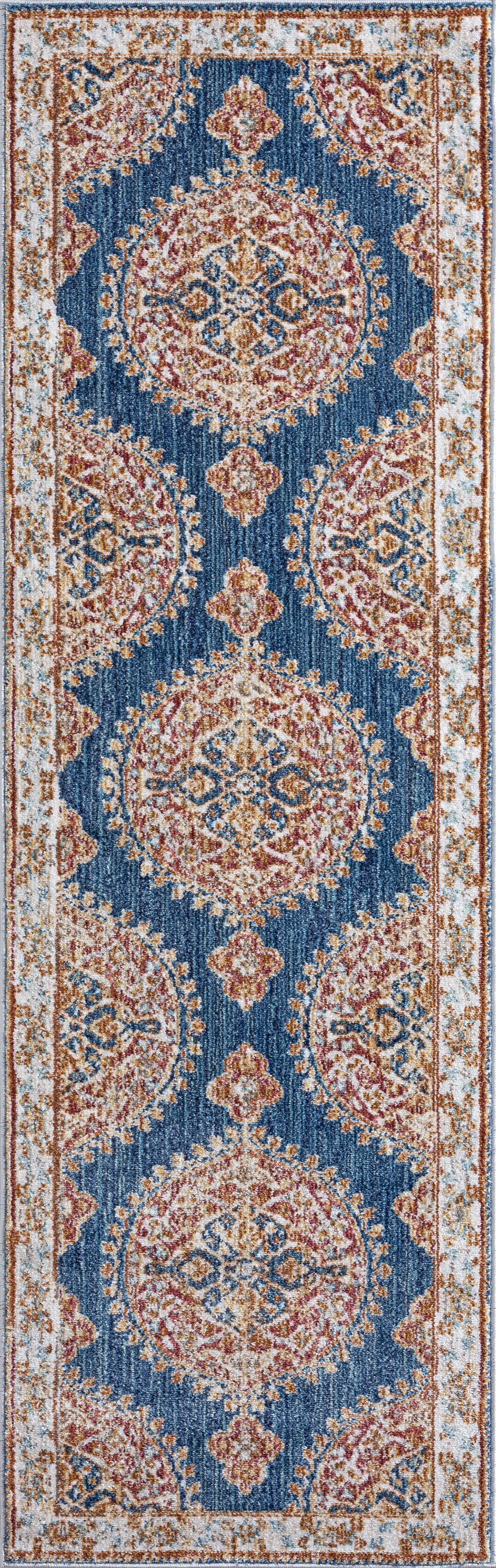 Traditional 2x8 Area Rug (2'3'' x 7'7'') Medallion Navy, Cream Indoor Runner Easy to Clean