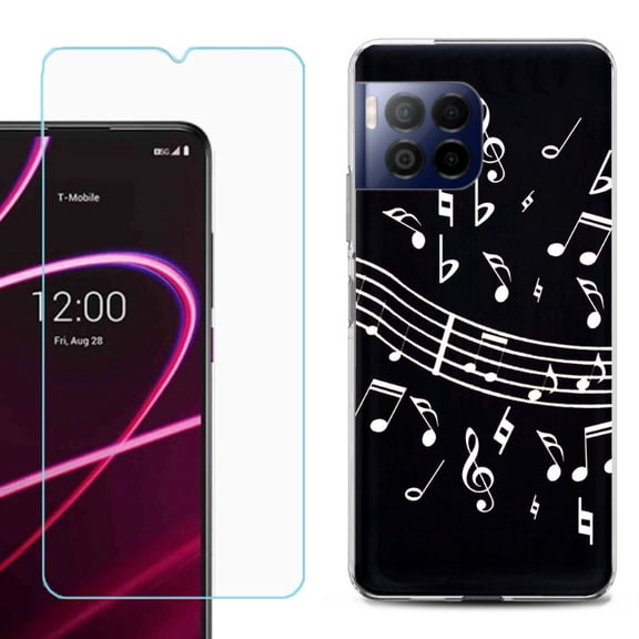 For T-Mobile Revvl 7 Pro 5G Phone Case, Shockproof Case Cover with Tempered Glass Screen Protector, by OneToughShield - Music Notes / Black