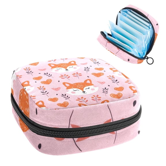 Sanitary Napkin Storage Bag for Girls Women, Portable First Period Pads Bag Tampons Holder Girls Travel Makeup Bag, Large Capacity Cute Animals Fox Face with Hearts Pattern
