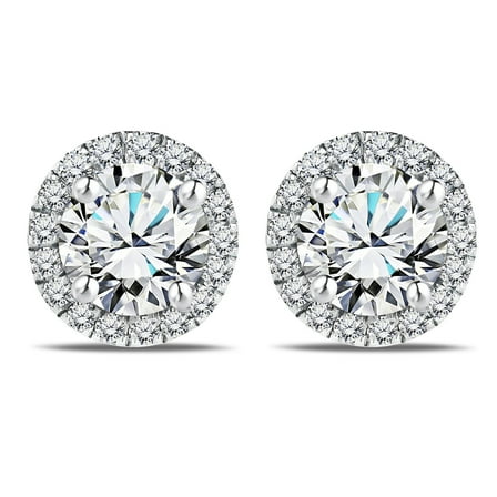 JeenMata Lab Grown Diamond 1 Carat Round Brilliant Cut Halo Stud Earrings in 18K White Gold Over Silver