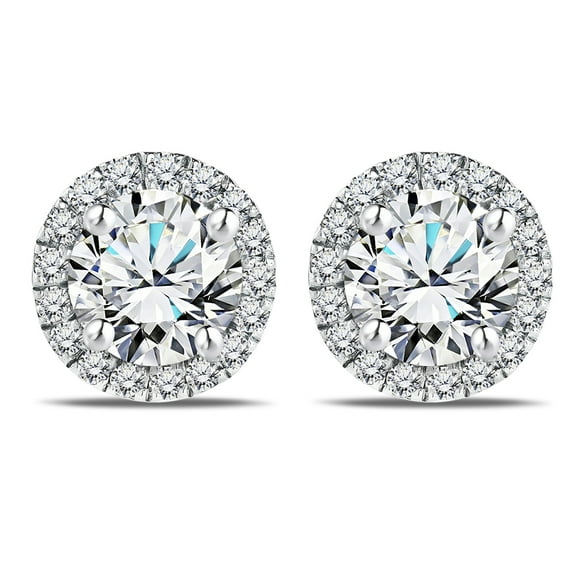 JeenMata Lab Grown Diamond 1 Carat Round Brilliant Cut Halo Stud Earrings in 18K White Gold Over Silver