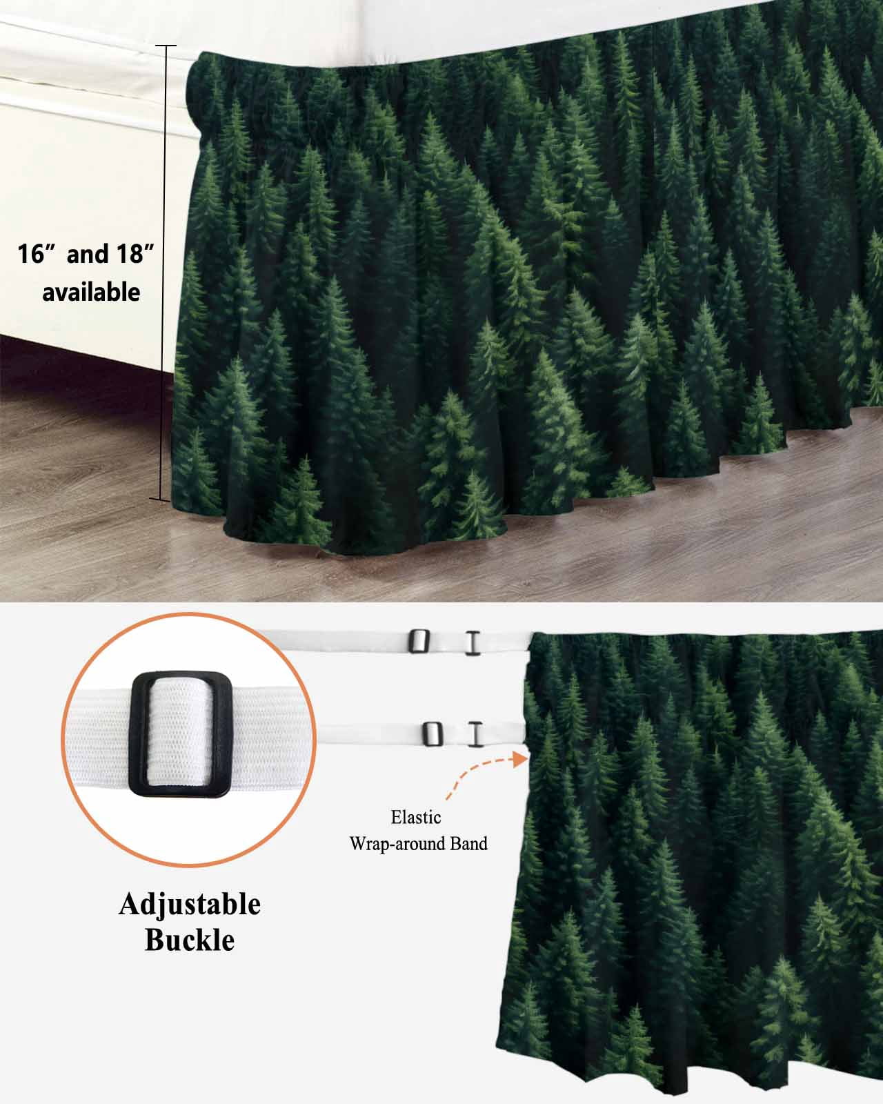 Green Forest Wrap Around Bed Skirts for Queen Bed 16" Drop, Bed Skirt with Adjustable Elastic Belt Dust Ruffle Bed Valance for Bedroom Hotel Luxury Modern Pine Trees Mysterious Art Bed Frame Cover