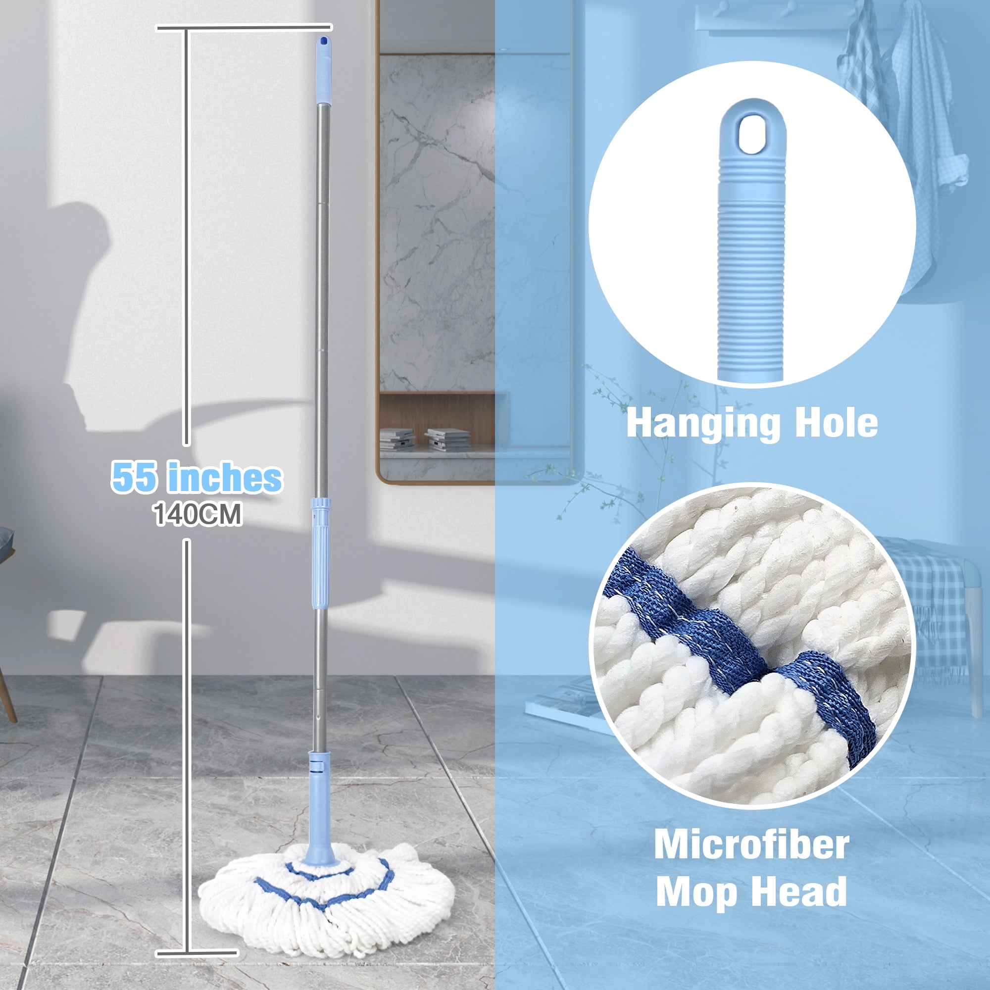 NEWE Self Wringing Twist Mop with 55 inches Handle for Floor Cleaning (Blue)