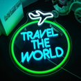 thumbnail image 2 of Letrero de neón de Travel the World, luces de neón verdes, letrero LED blanco, letreros de neón de avión para decoración de pared, luces LED, letrero de luz de neón para dormitorio, bar, cueva de, 2 of 7