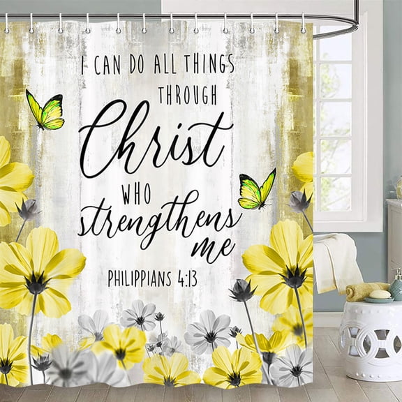 Bible Verse Shower Curtain, Yellow Floral Daisy Shower Curtain Trust in The Lord Inspirational Quote Shower Curtain Rustic Farmhouse Butterfly Bathroom Shower Curtain with Hooks, 72X72 Inches