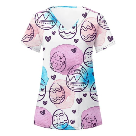 

Women Scrubs Top Floral Printed Easter Short Sleeve Casual Fashion Soft Breathable With Pocket Spring Summer Daily Nursing Uniforms Nursing Care Working Uniforms