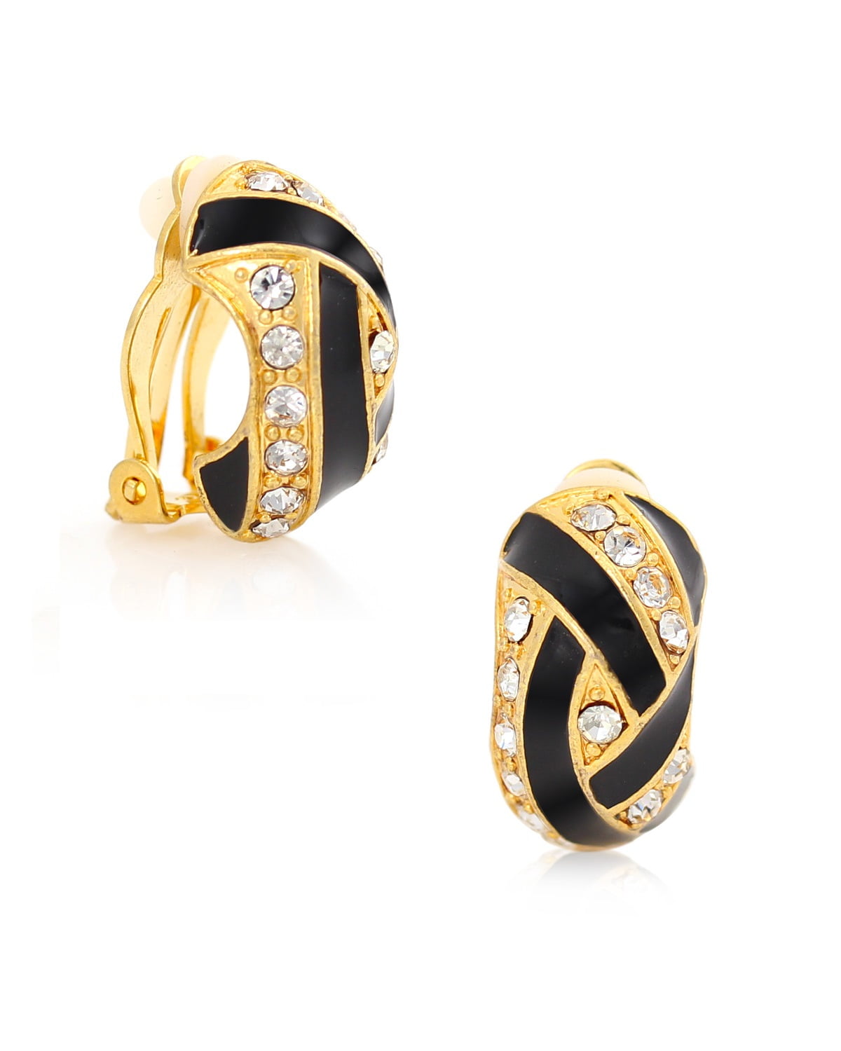 TAZZA WOMEN'S GOLDTONE METAL BLACK ENAMEL CRYSTAL CLIP ON EARRING