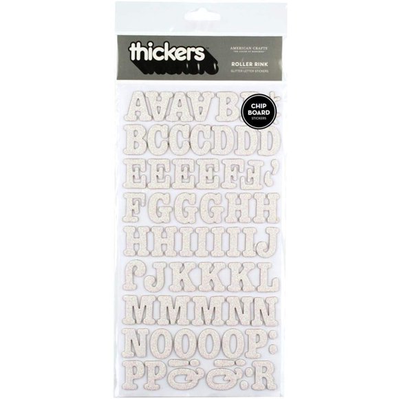 American Crafts 42864 Thickers Glitter Chipboard Letter Stickers, Roller Rink White