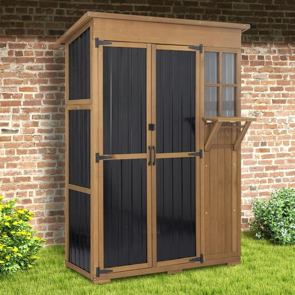 51" L Outdoor Storage Cabinet Waterproof with Shelves, Outside Storage Shed Backyard Tall Cabinet with Fold-Out Table for Patio, Garage, Garden, Pool Accessories Storage