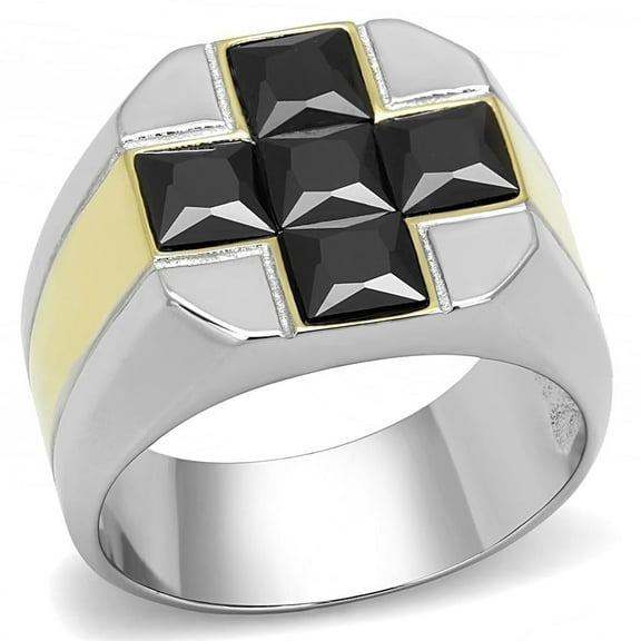Mens Ring Black Cross Two Tone Stainless Steel Ring with AAA Grade CZ in Black Diamond