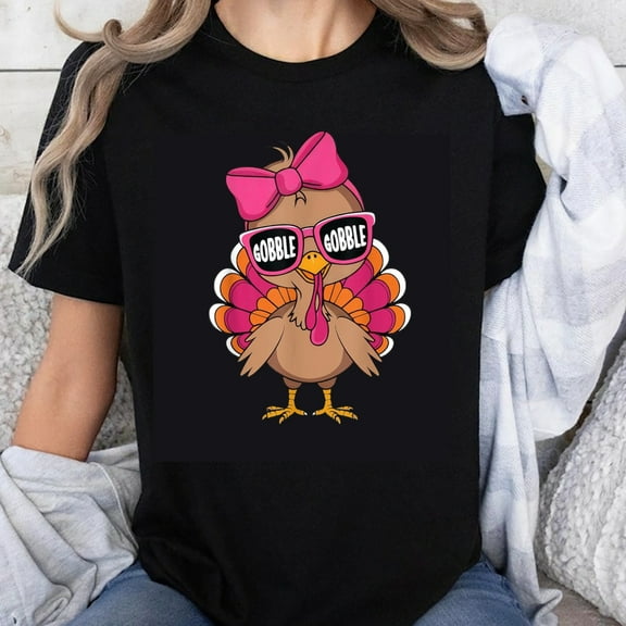 100% Cotton Turkey Gobble Gobble Sunglasses Pink Bow Thanksgiving Shirt Funny Cute Turkey Design Women's T-Shirt