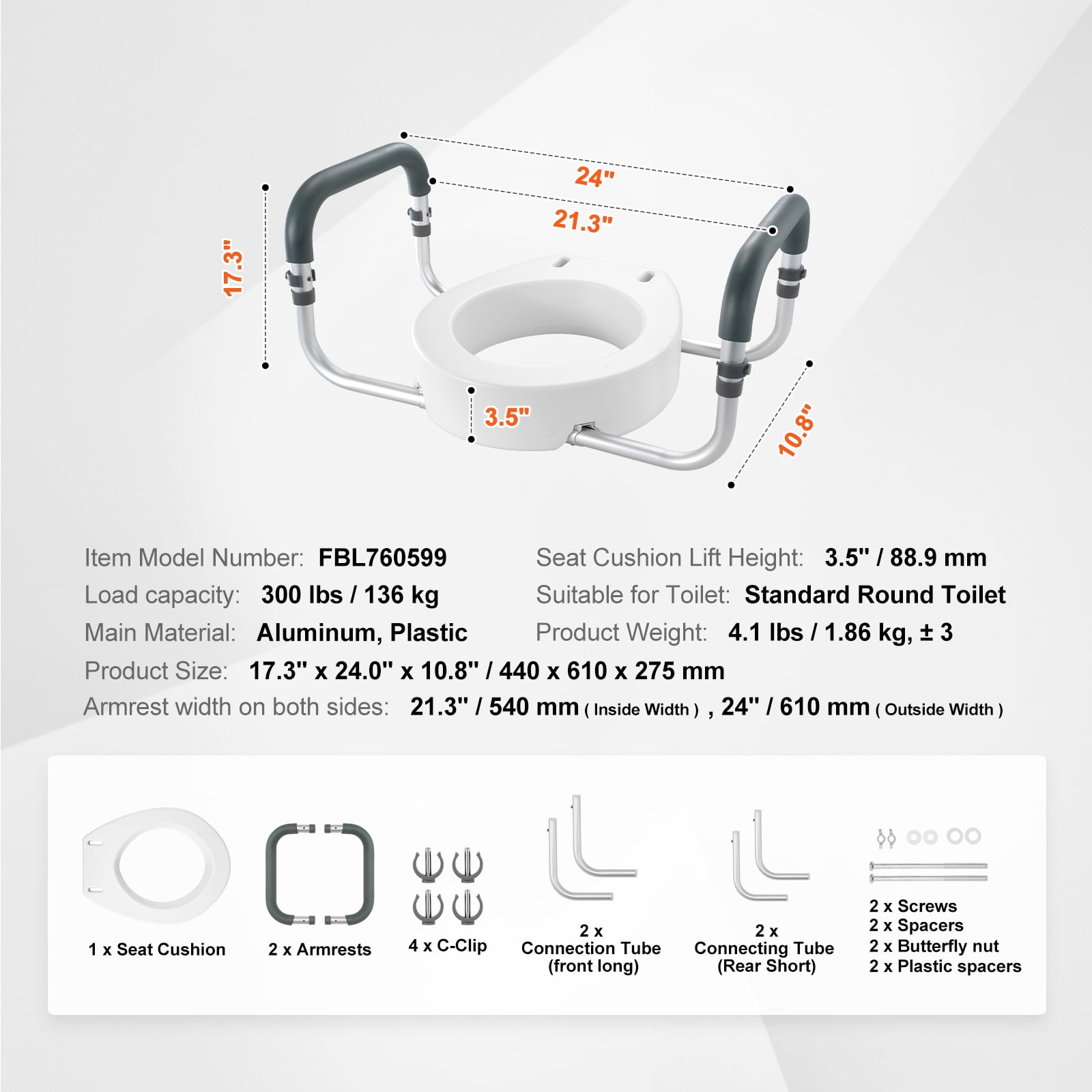KFFKFF Elevated Toilet Seat, 3.5" Increase in Height, Supports up to 300 lbs, Suitable for Regular Round Toilets, Aluminum Support Rail, Comes with EVA Padded Armrest, Ideal for Seniors