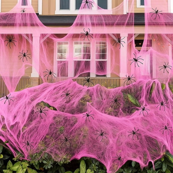 300g Halloween Pink Spider Web Decor Super Stretchy Cotton Cobweb with 60 Black Fake Spiders Sweet Spooky Halloween Indoor Outdoor Decoration for Lawn Porch Party Photo Props
