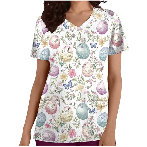 Fmbrln Women Plus Size Easter Scrubs Tops Short Sleeve V Neck Nursing Uniform with Pockets Fashion Easter Cute Bunny Funny Egg Print Workwear