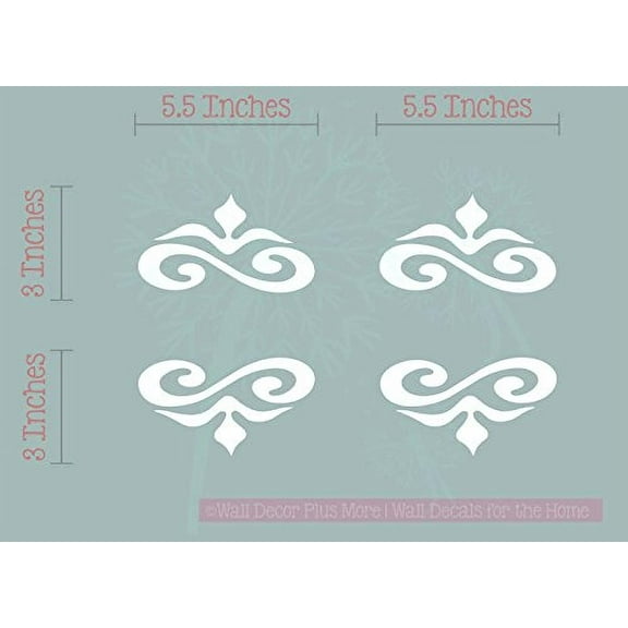 Set of 4 Scrolls Vinyl Decals Wall Stickers for Simple Home Décor, 3x5.5-Inch Each, White