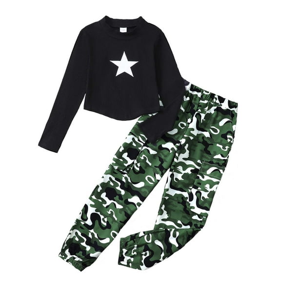 Kucnuzki 7 Years Big Girls Winter Clothes Set 8 Years Youth Child Kids Outfits Long Sleeves Knit Top Star Print Crop Top Camouflage Cargo Pants Sets 2pcs Clothing Black 7-8Y