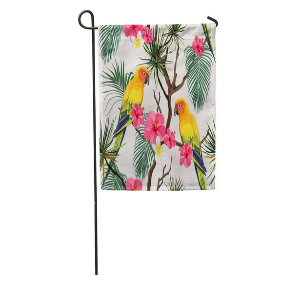 JSDART Colorful Beautiful Floral Summer Pattern Tropical Palm Leaves Parrot Hibiscus Garden Flag Decorative Flag House Banner 12x18 inch