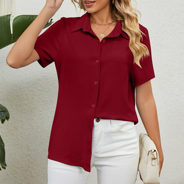 Dressy Tops for Women Business Casual Vintage Plain Color Short Sleeve  Shirts Summer Fashion Thin Lapel V Neck T-Shirts