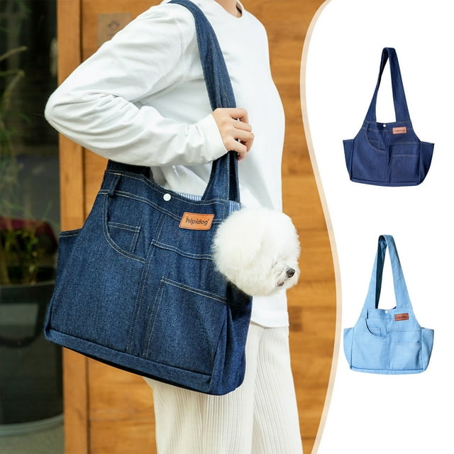 Fiudx Bolsa Grande de Mezclilla para Perro, Extragrande, Lona Resistente, Cómoda Correa Ancha para El Hombro, Transpirable, Prácticos Bolsillos de Almacenamiento, 34 X 18 X 16 Cm.