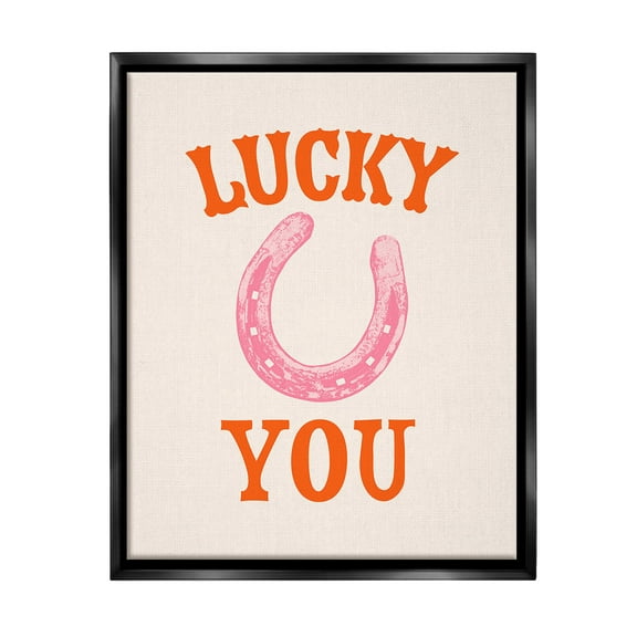 Stupell Industries Lucky You Horseshoe Typography Painting Black Floater Framed Canvas Art Print Wall Art, 17 x 21
