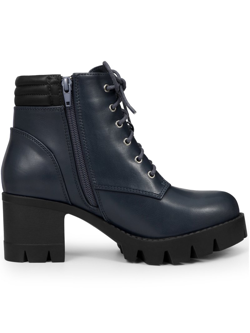 Blissful Step Women's Boot Rounded Toe Side Zip Combat Block Heel Ankle Boots Navy Blue 9.5, Size: Medium
