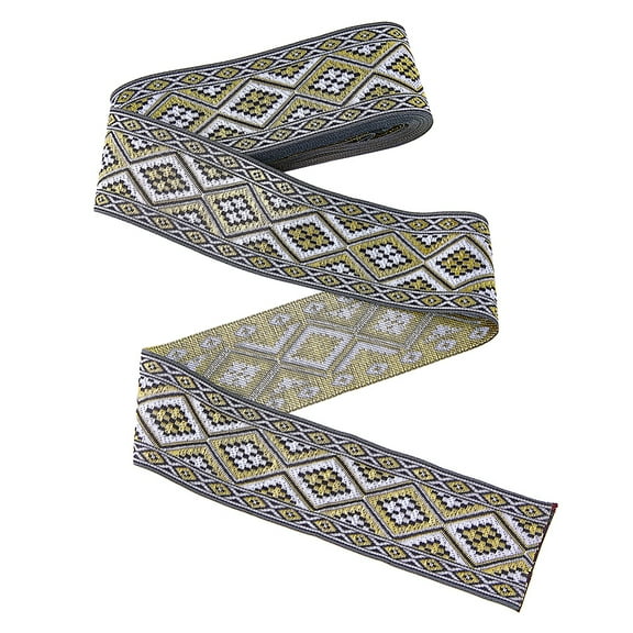 7M Ethnic Style Jacquard Ribbon Geometric Woven Trim Boho Embroidered Lace Trim Gray Floral Pattern Embroidery Ribbon Polyester Swirl Wired Ribbon for DIY Craft Wrapping Party Decoration