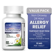 (4 pack) HealthA2Z Allergy Medicine Loratadine, 24 Hour Non-Drowsy Allergy Pill and Sinus Relief, 10 mg, 300 Tablets