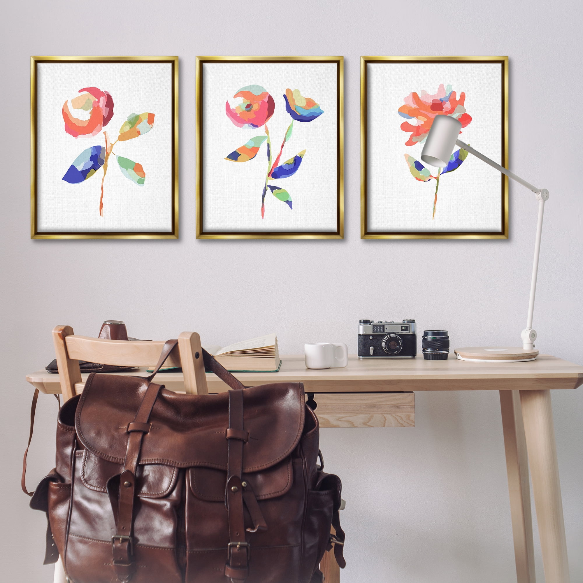 Stupell Industries Brushed Freeflow Flower Plants & Flowers Painting Gold Floater Framed Canvas Art Print Wall Art, 25 x 31, Set of 3