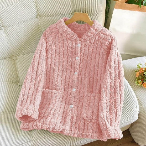Pijama de manga larga para mujer, de invierno, de color liso, de franela gruesa con forro polar añadido, de manga larga, cálido, para el hogar, de poliéster.