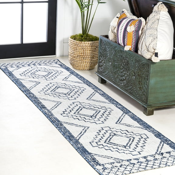 JONATHAN Y SANTA MONICA 2 x 8 Runner Rug, Marokko Diamond Tribal Medallion - Ivory/Blue, SMB127C-28