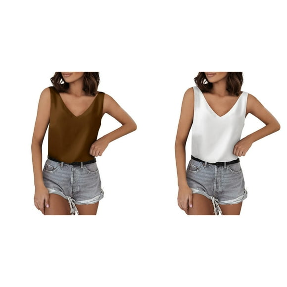 (2-Pack) Rinsvye Tank Tops for Women 1975 Crop Top V Neck Silk Summer Running Top Women Satin Sleeveless Blouse Basic Muscle Tops for Women Camisole Shirts