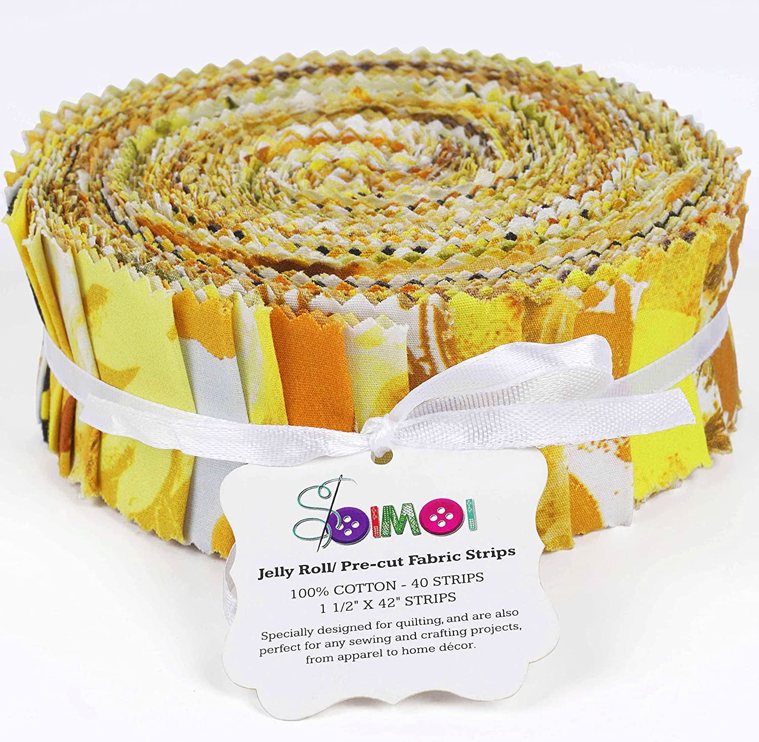 Soimoi 40Pcs Floral Artistic Print Precut Fabrics Strips Roll Up 1.5x42inches Cotton Jelly Rolls For Quilting - Yellow