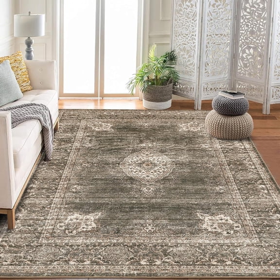 9x12 Floral Vintage Distressed Area Rug, Non Slip & Machine Washable, Living Room Brown