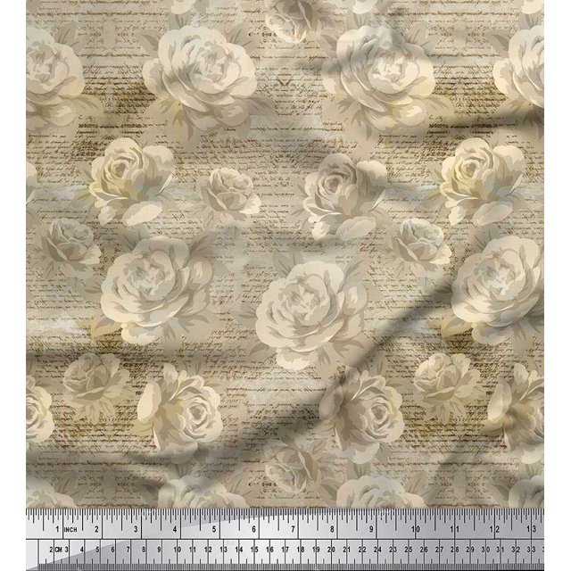 Soimoi polyester Crepe Fabric Text,Leaves & Rose Flower Printed Fabric 1 Yard 52 Inch Wide