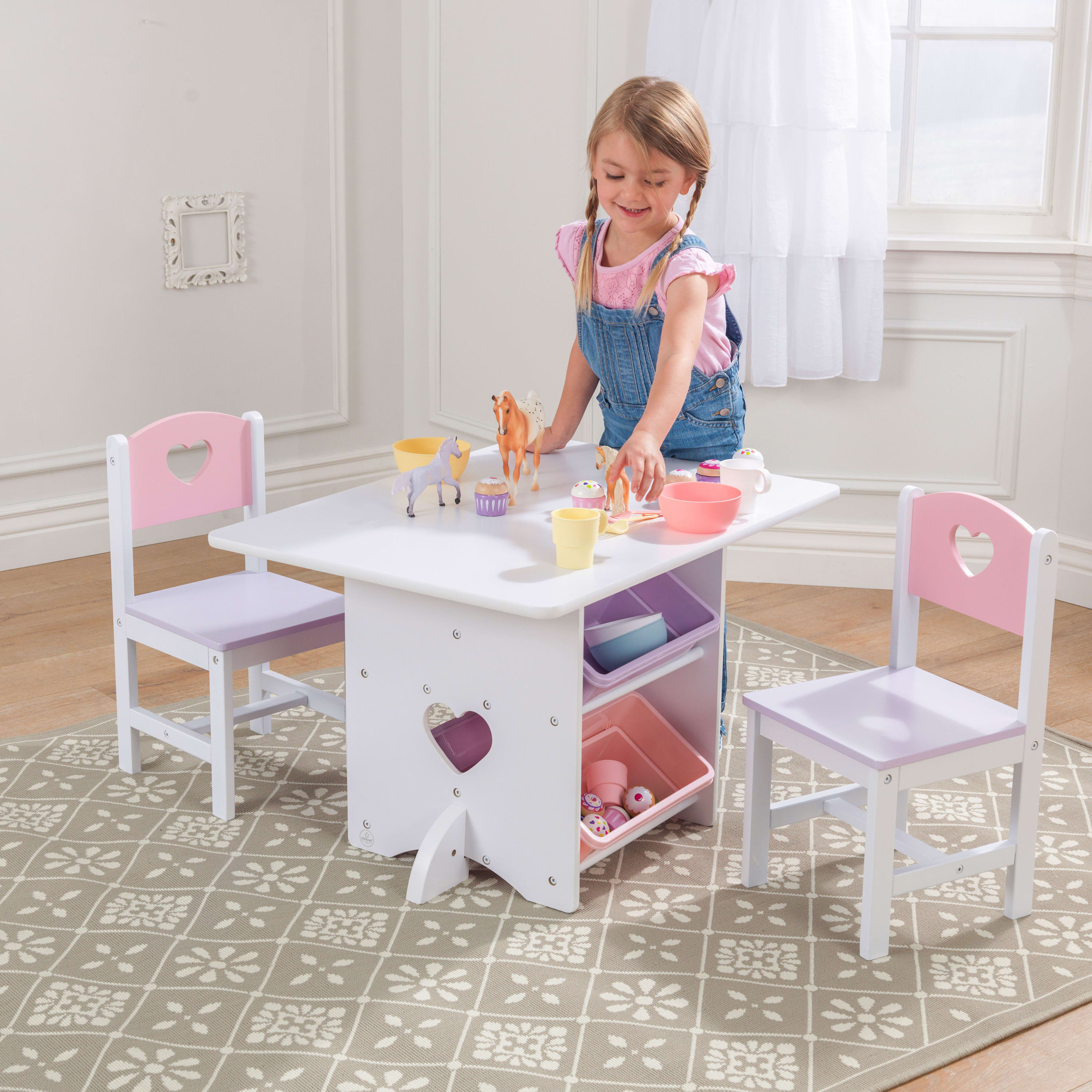 KidKraft Wooden Heart Table & Chair Set with 4 Bins, Pink, Purple & White, for Ages 3+ - image 2 of 7