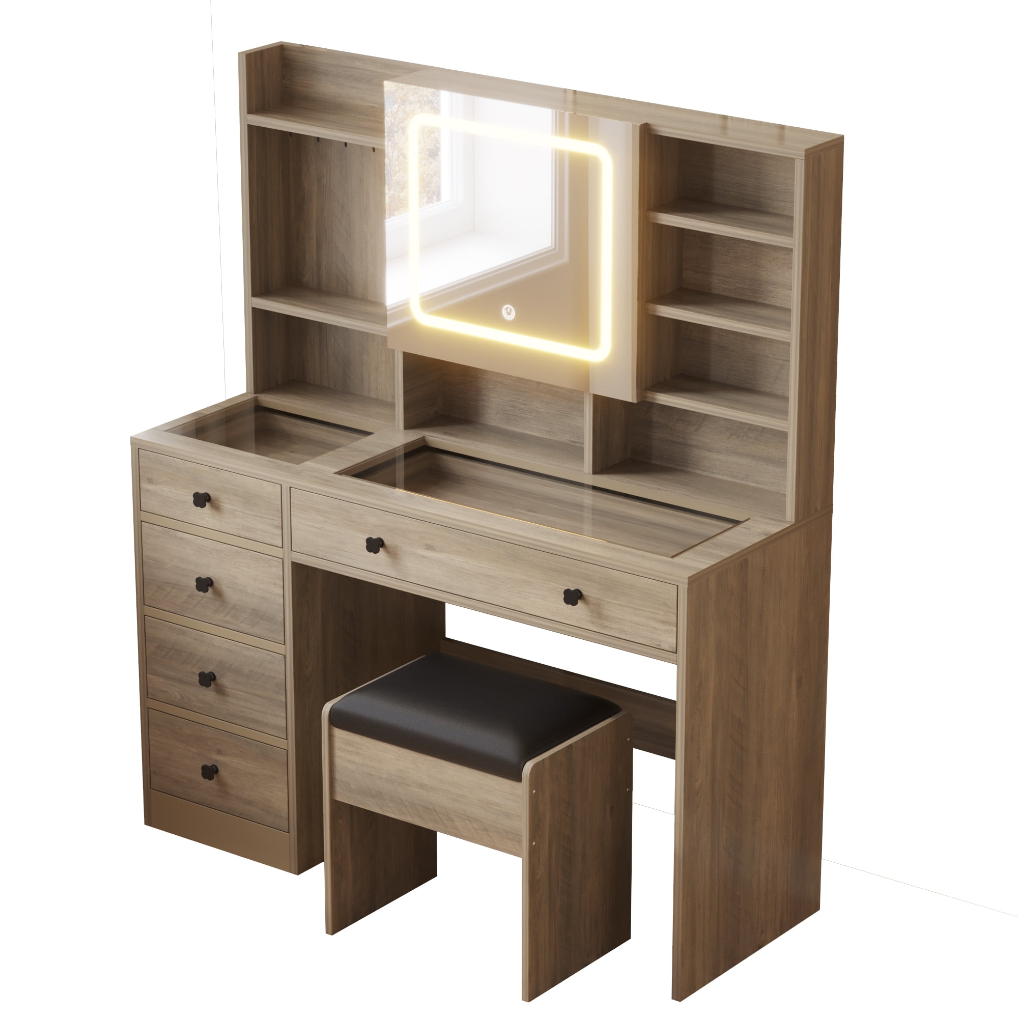 Ktaxon Large 47.2" Makeup Vanity with 3 Color Lights, Dressing Table with USB Charging Station, Gray