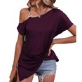 thumbnail image 1 of Mujer Solo Hombro Frío Dobladillo Superior Plisado Color Puro Ajuste Suelto Verano Casual Camiseta Fucsia L, 1 of 6