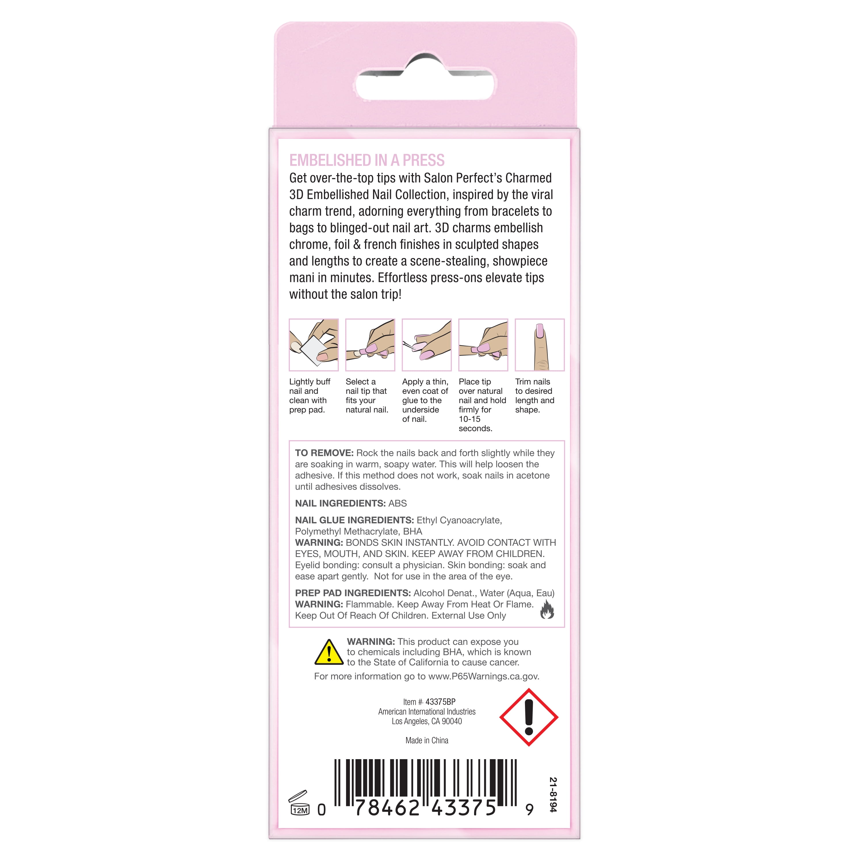 Salon Perfect Artificial Fake Press On Nails, 417 Charmed, Gold Rose, Medium Almond, File, Glue, and Prep Pad Included, 30 Nails