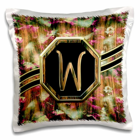 3dRose, Elegant Pink Camouflage Monogram Letter W Faux Gold Wood Grain Image, 16x16 inch Pillow Case