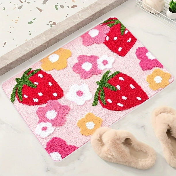 Alfombra de baño con diseño floral de fresa | Alfombra de baño de poliéster suave de 40 x 60 cm | Alfombra de ducha absorbente de secado rápido con base antideslizante | Alfombra acogedora para la