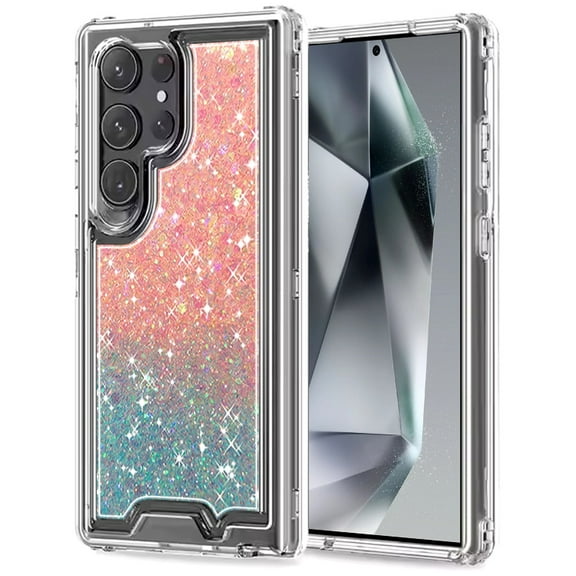 For Samsung Galaxy S25 /S24 Case, Epoxy Bling Glitter Sparkly 3-in-1 Transparent Hybrid Full-Body Shockproof PC Bumper Phone Cover (Pink   Blue)