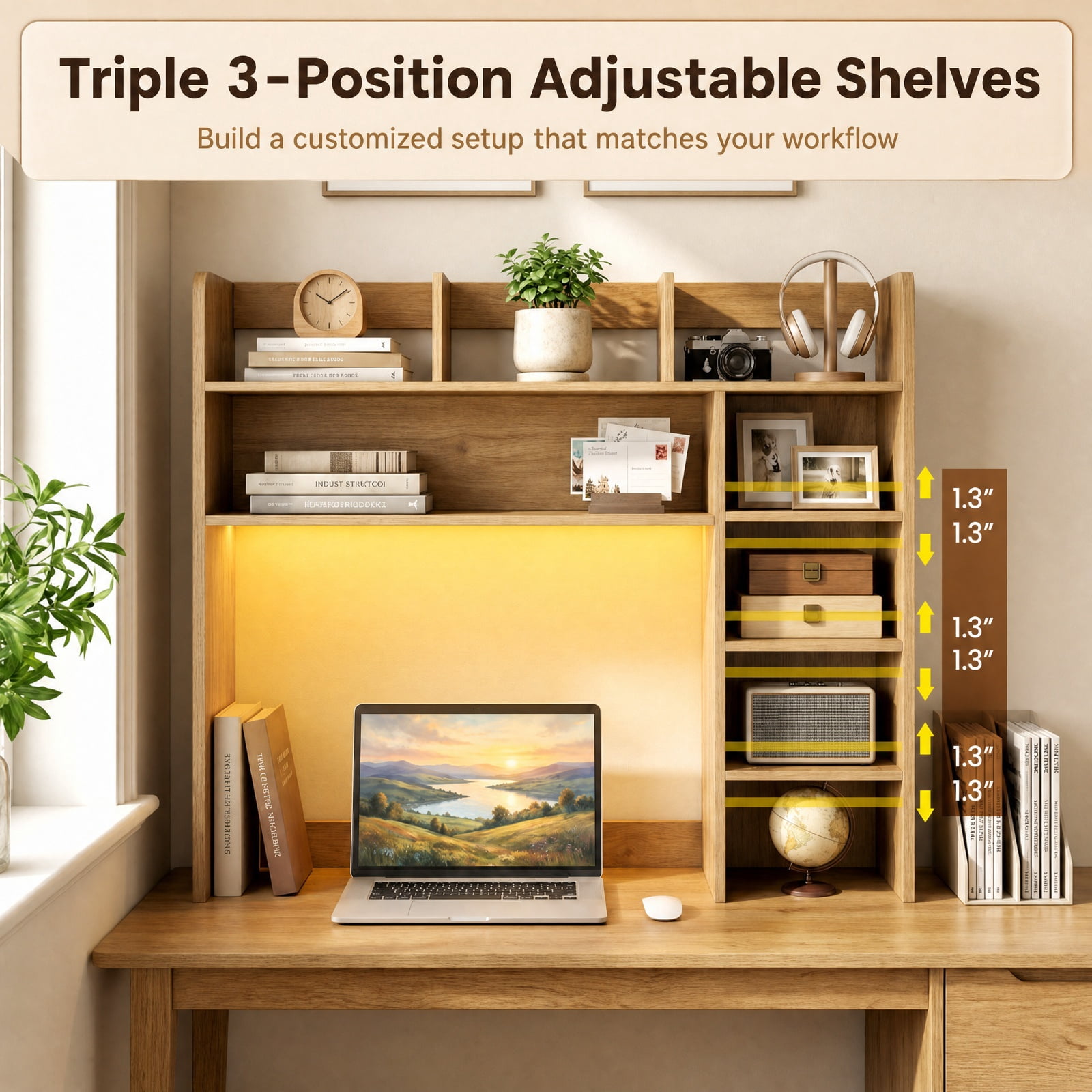 Furnibear Desktop Bookshelf with LED Lights 35.5 Inch Wood Desk Hutch Storage Organizer with Adjustable Shelves and Remote, Natural