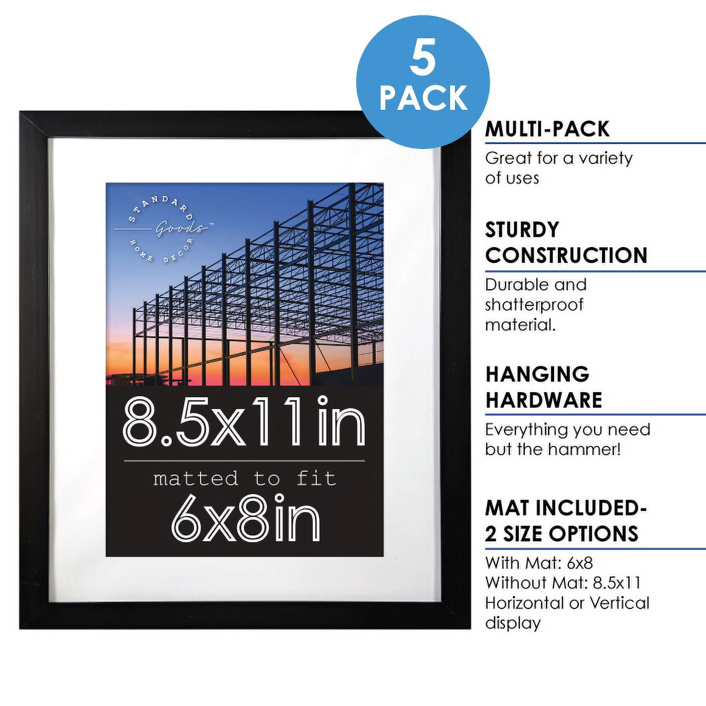 Standard Goods Home Décor 8.5x11 Matted to 6x8 Black Linear Picture Frame, 5-Pack for Wall or Table Display.
