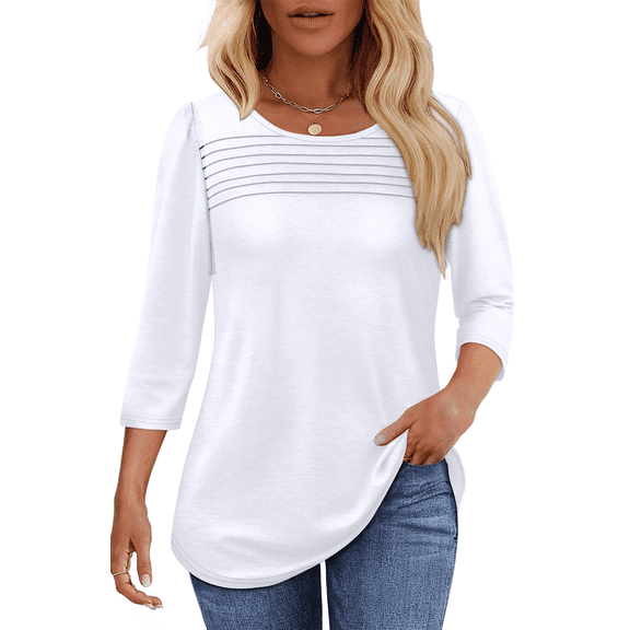 UVN Women Tunic Tops Summer 3/4 Length Sleeve Blouses Casual Crewneck Shirt Pleated Loose Tops