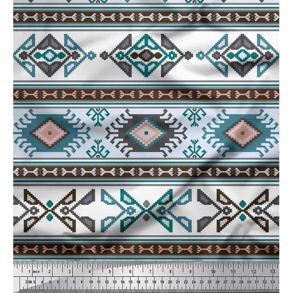 Soimoi Poly Georgette Fabric Stripe & Ikat Kilim Printed Fabric 1 Yard 42 Inch Wide