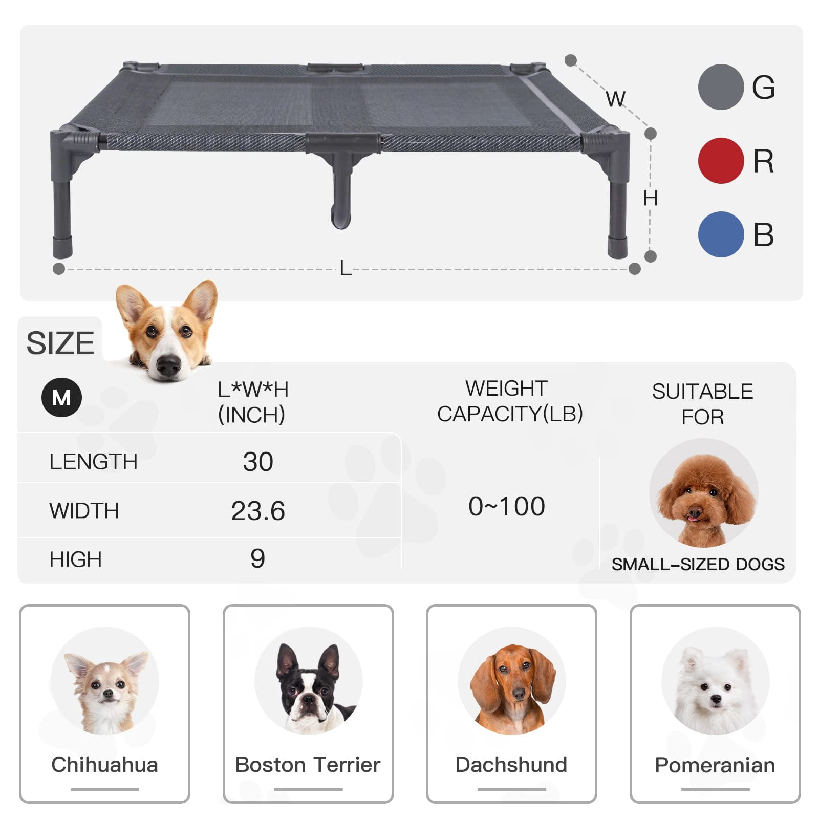 Elevated Dog Bed For Medium Dogs  Dual Support With Teslin Mesh Portable Waterproof Pet Indoor/outdoor Use 30x23x6.3 Inch Grey