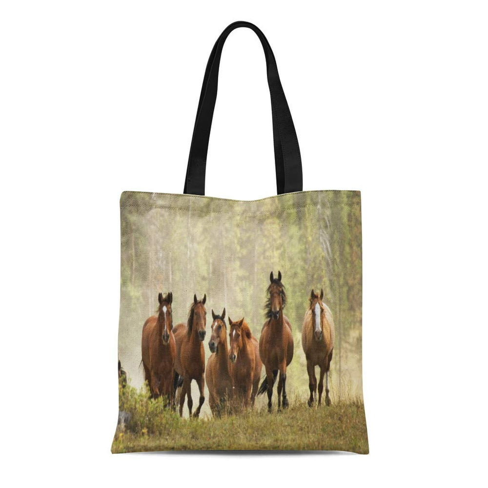 ASHLEIGH Canvas Tote Bag Group Horses Cresting Small Hill Roundup Herd ...