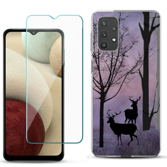 Slim-Fit TPU Phone Case compatible with Samsung Galaxy A32 5G, with Tempered Glass Screen Protector, by OneToughShield ® - Forest/Deer/Twilight