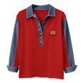 thumbnail image 5 of Women's Waffle Knit Denim Trim Collared Pullover Vintage Half Button Long Sleeve Casual Jean Tops, #02 Deep Red, S, 5 of 7