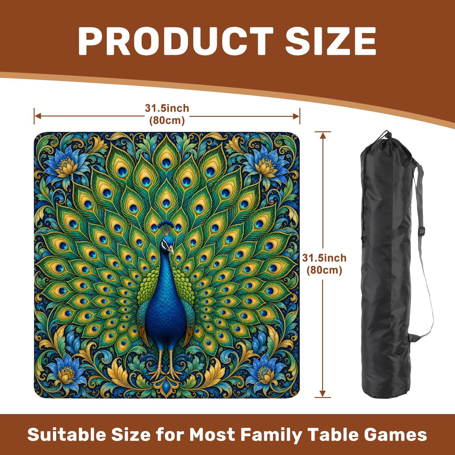 Mahjong Mat 31.5" x 31.5" Vibrant Peacock Colorful Feather Display Intricate Mandala Non-Slip Noise Reduction Mahjong Tiles Table Cover for Dominoes Poker Card Board and Tile Games